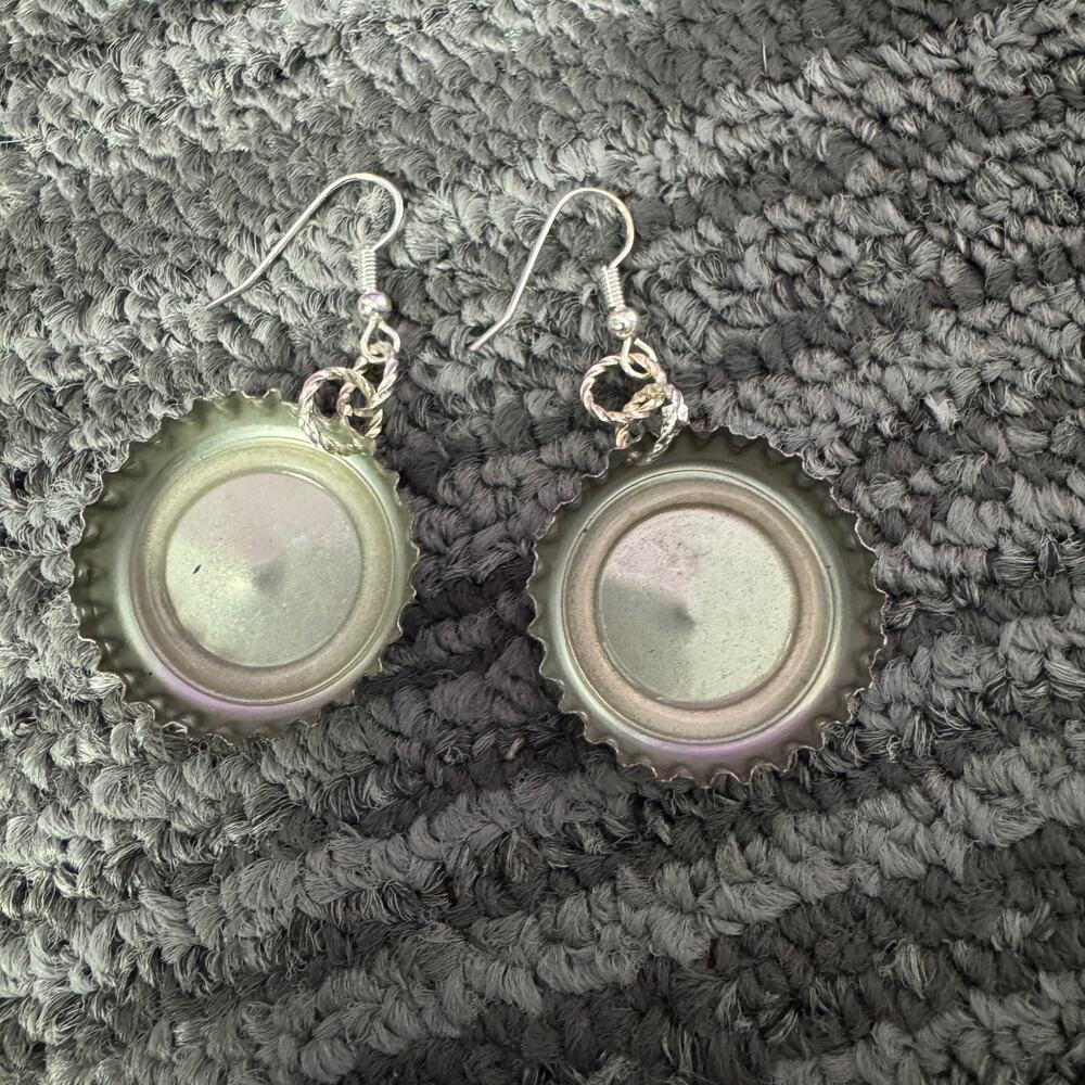 Bud Light Bottle Cap Earrings Rhinestone Trim Handmade Beer Jewelry Dangle - Picture 4 of 4